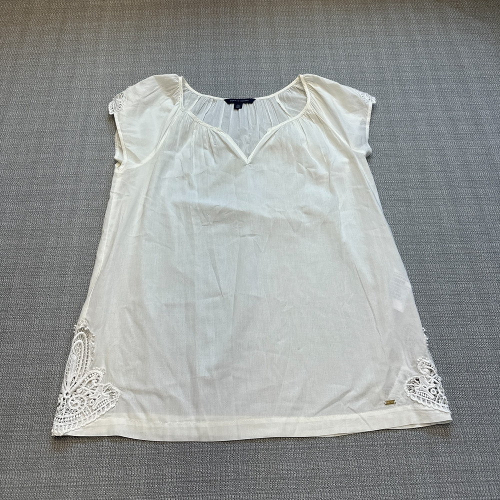 Tommy Hilfiger Shirt Womens XS White Crochet Lace Cottagecore Coastal Euro